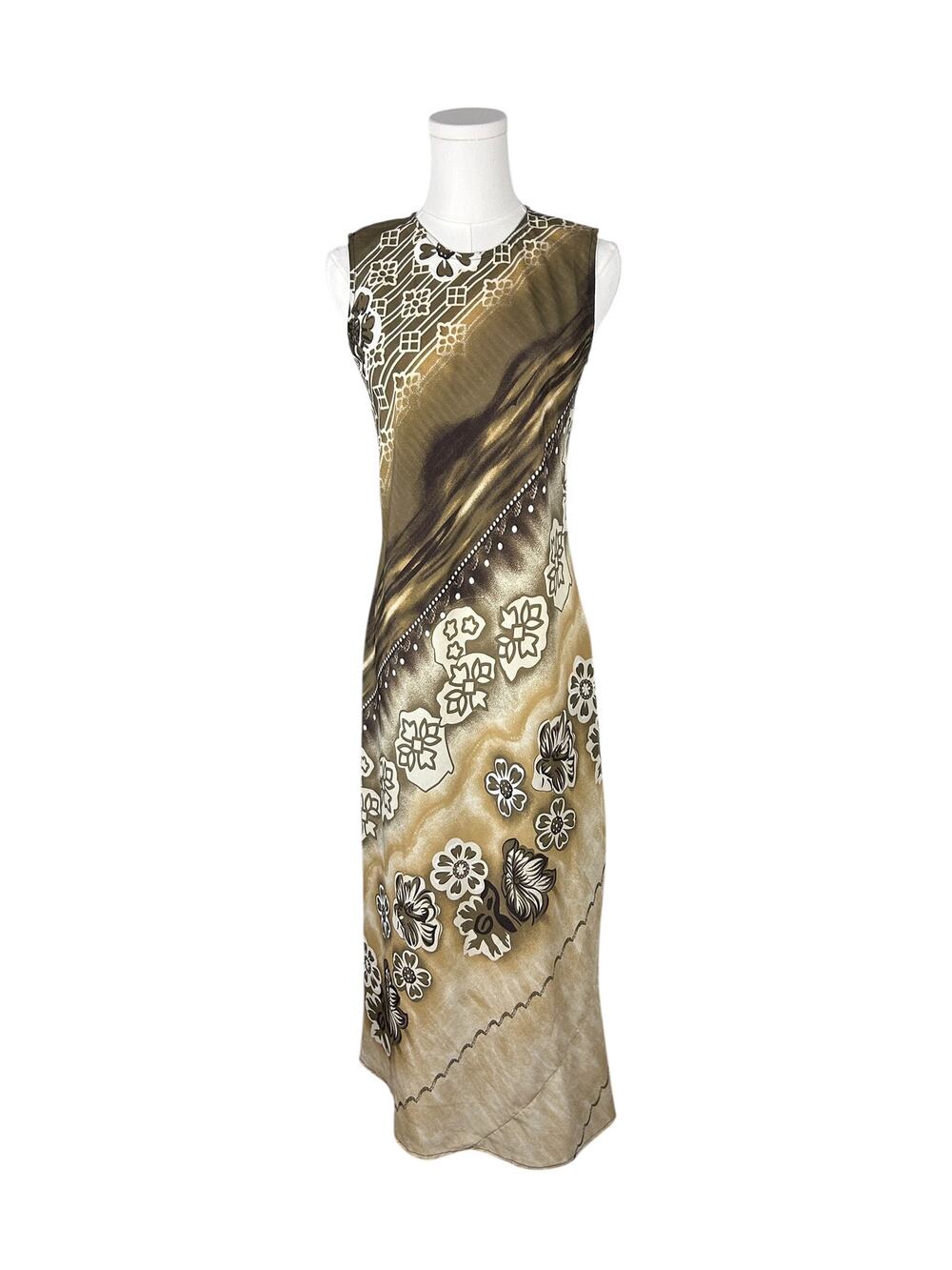Vintage 90s Y2K Brown Patterned Maxi Fitted Sleeveless Maxi Dress S